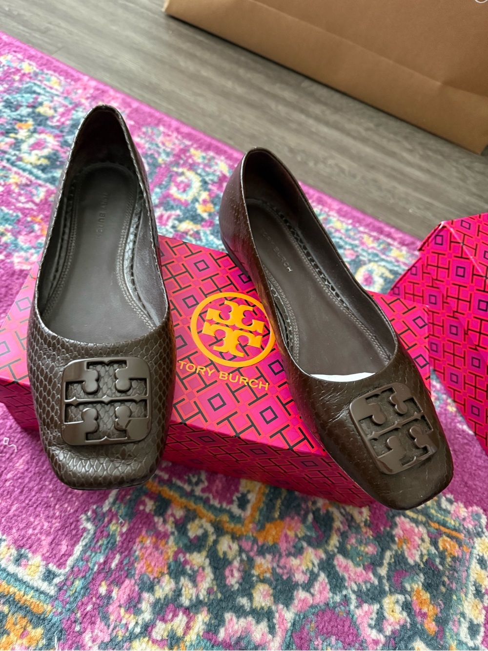 Tory Burch Dark Brown Logo Embossed Ballet Flats